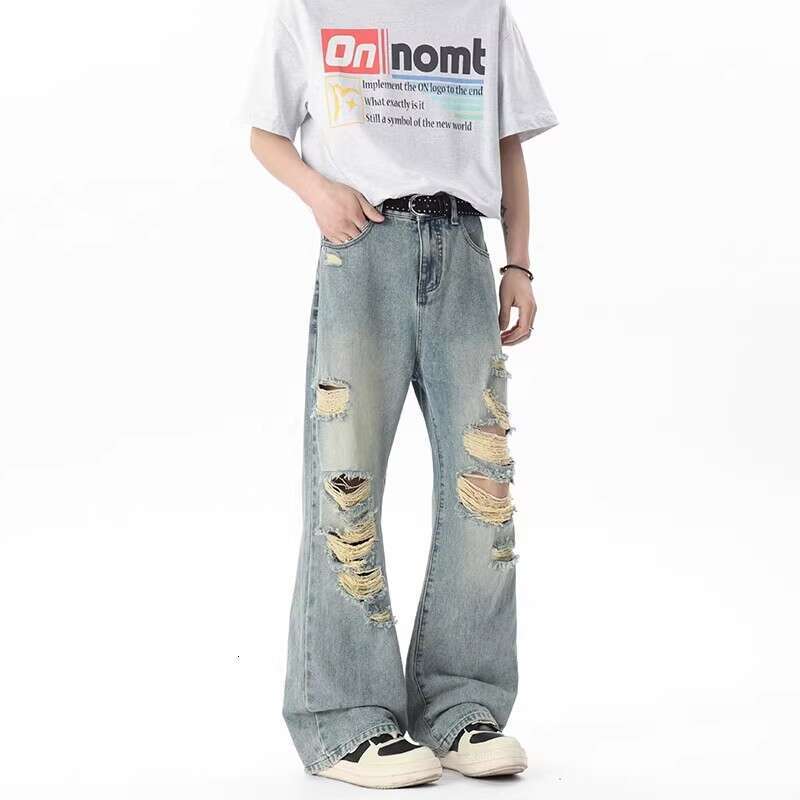 Summer Thin Ripped Jeans For Men American High Street Vibe Style Unique Design Loose Destroyed Pants B5