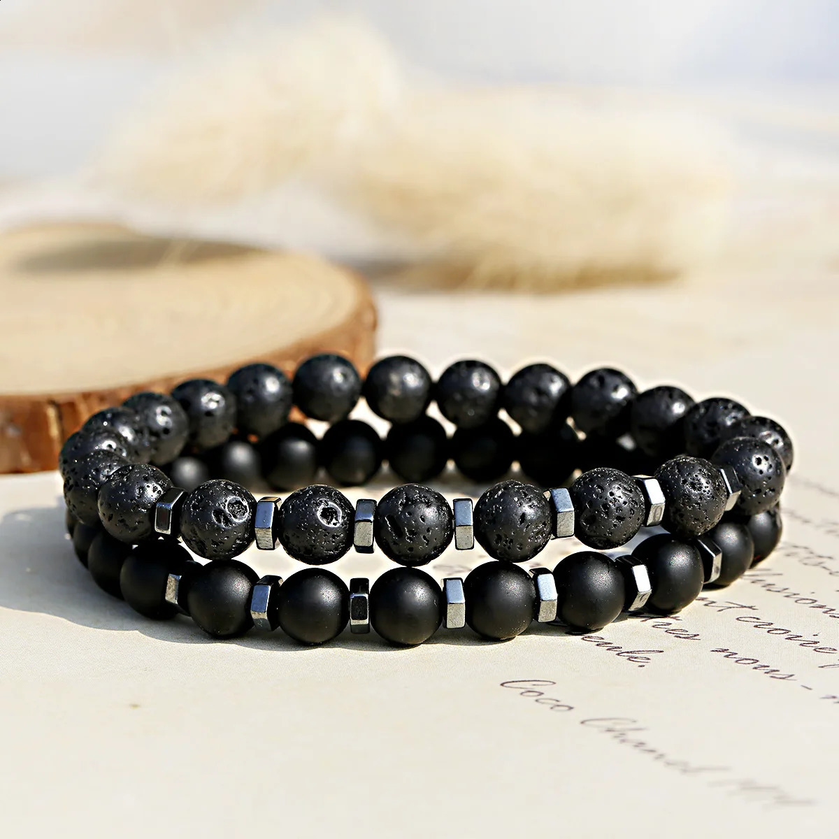 In Frosted Black Bead Volcanic Stone Mens Bracelet Set Double Layer Nature Stone Beaded Bracelets Gifts 250812