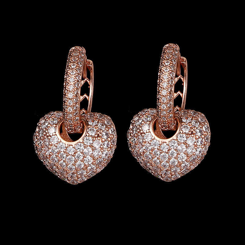 DHcollections Gold-Plated Copper Zircon Earrings Sweet Full Dia Heart Ear Clips for Women Korean Style Accessories Jewelry