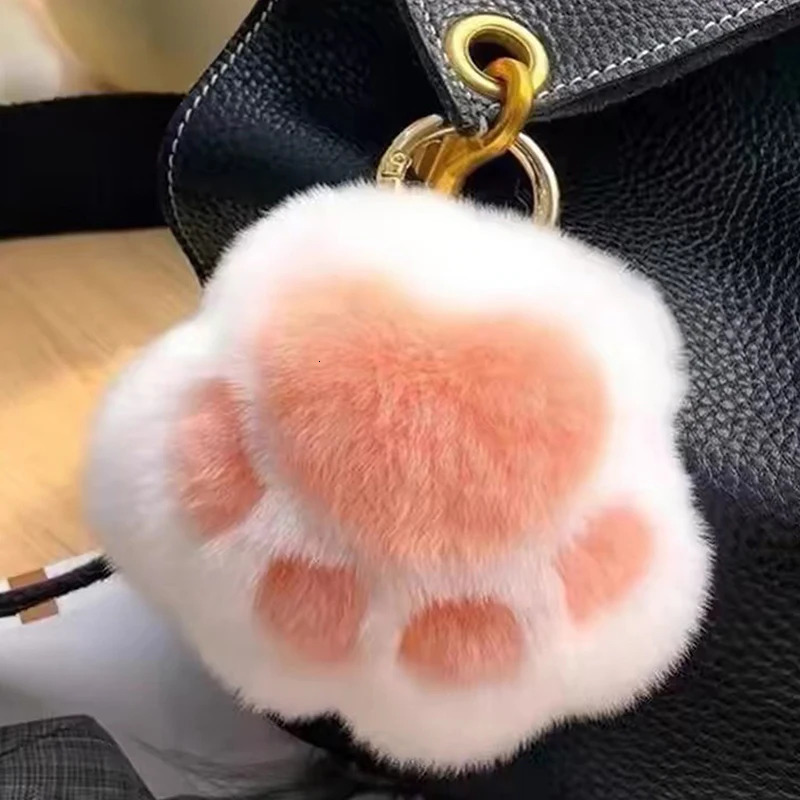Pink Black Fluffy Cat Paw Keychain Hair Pompon For Women Girls Cute Pendant Car Key Ring Bag Decor 250804