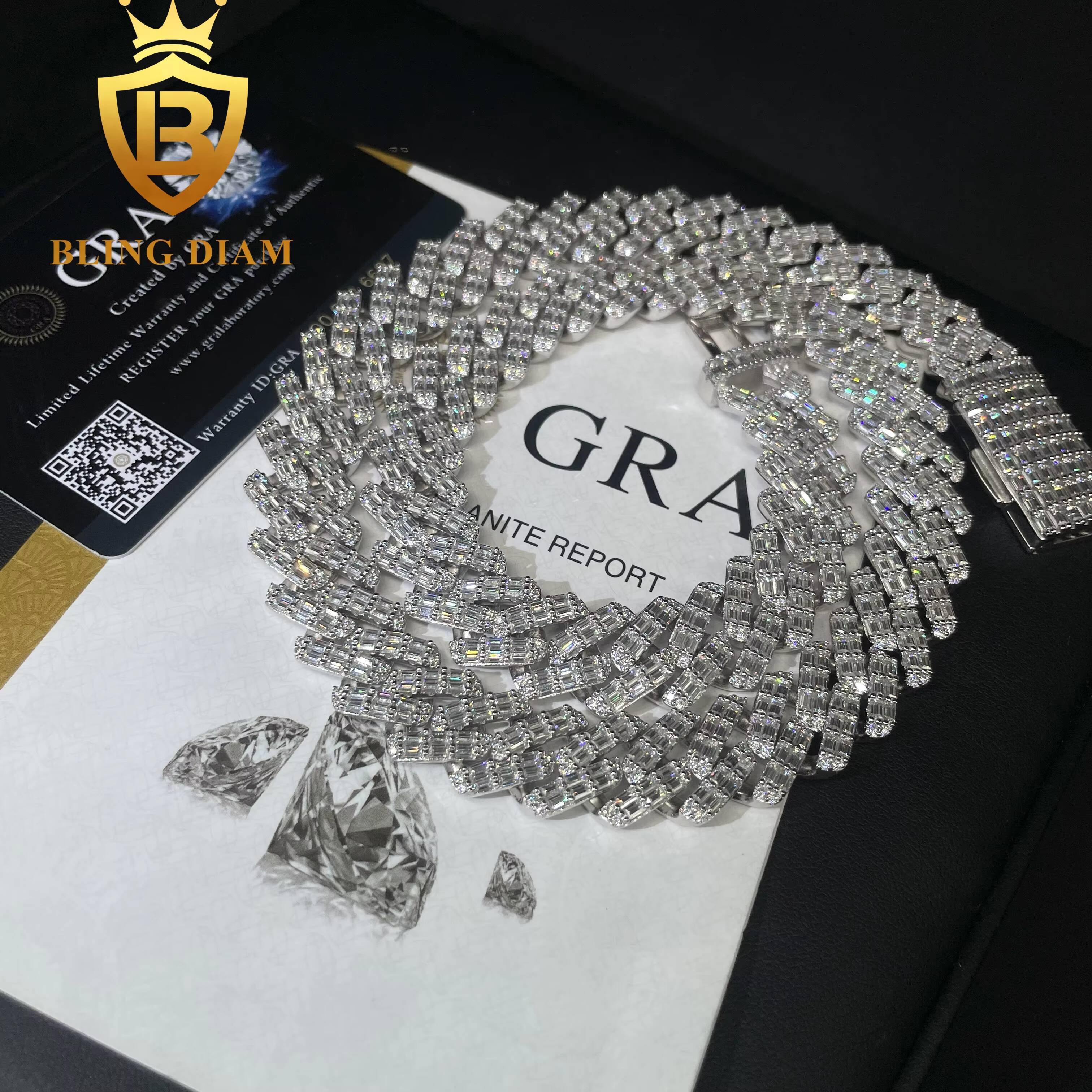 Pass Diamond Tester 15mm 2 Rows Solid 925 Sterling Silver Men Hip Hop Jewelry Iced Out VVS Moissanite Cuban Link Chain Necklace