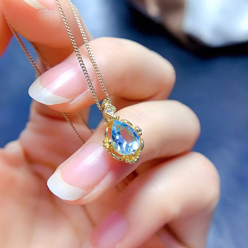 Solid 925 silver necklace pendant natural topaz pendant 6mm*8mm genuine light blue topaz jewelry 18K gold plated gemstone jewelry