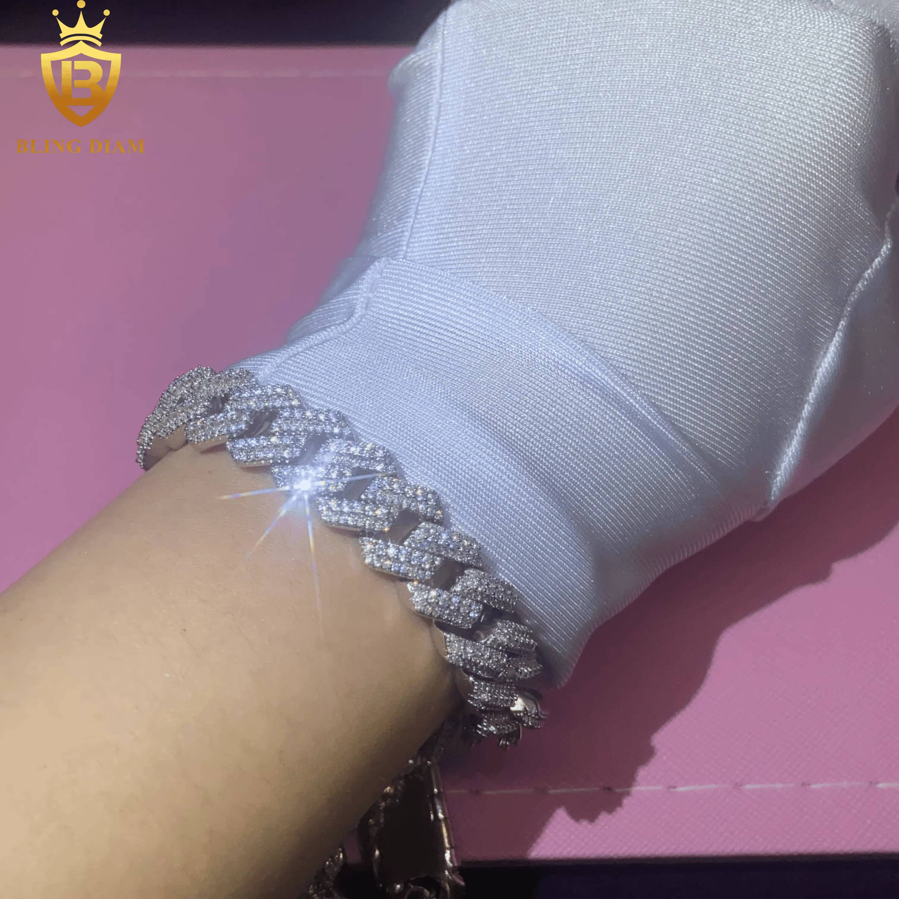 New Design Fashion 925 Silver Cuban Chain Moissanite Cuban Bracelet Men Women Hip Hop Style Pass Diamond Tester GRA Certificate