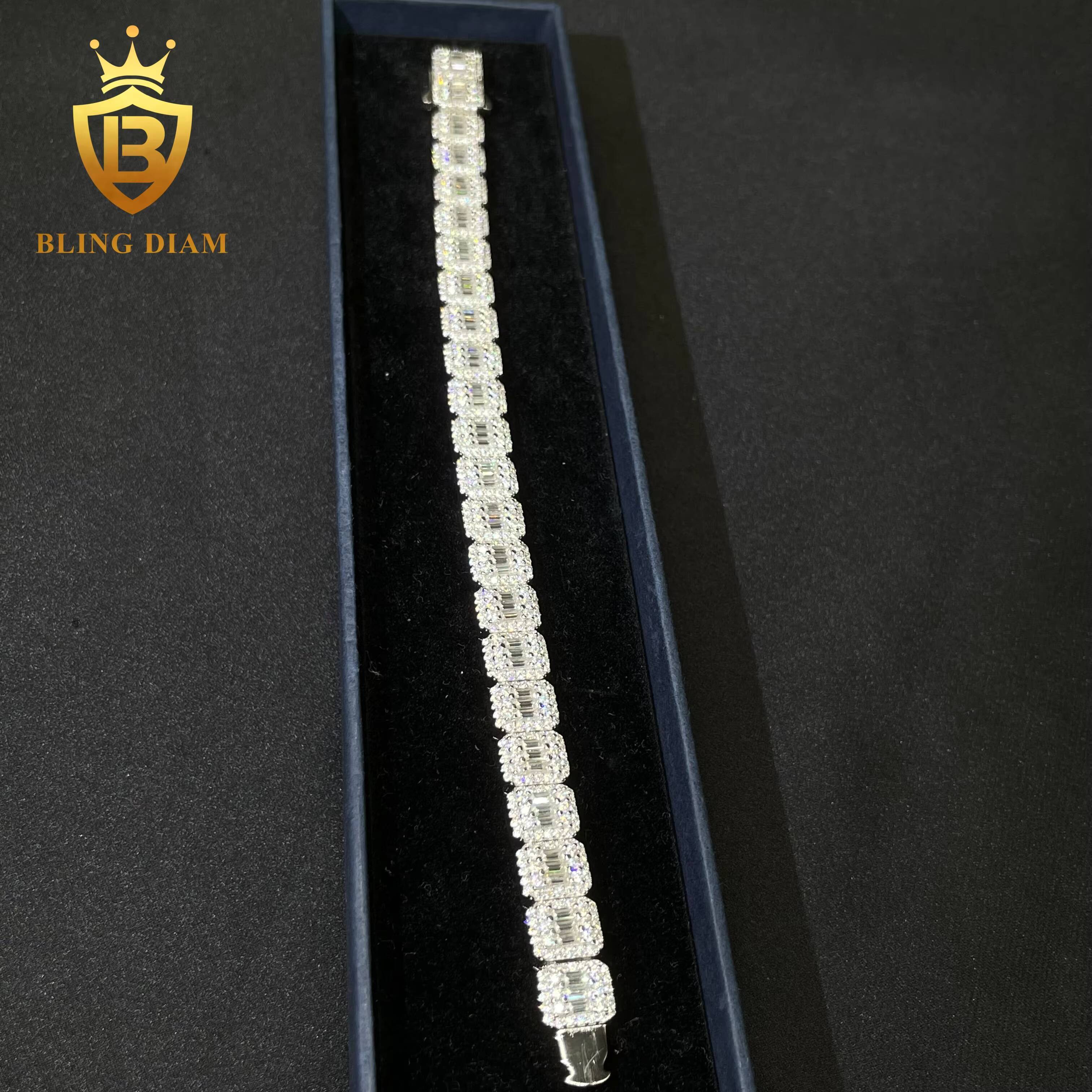 New Style Fashion 9mm Luxury Iced Out Hip Hop Jewelry 925 Sterling Silver Baguette Cluster Tennis Chain Bracelet