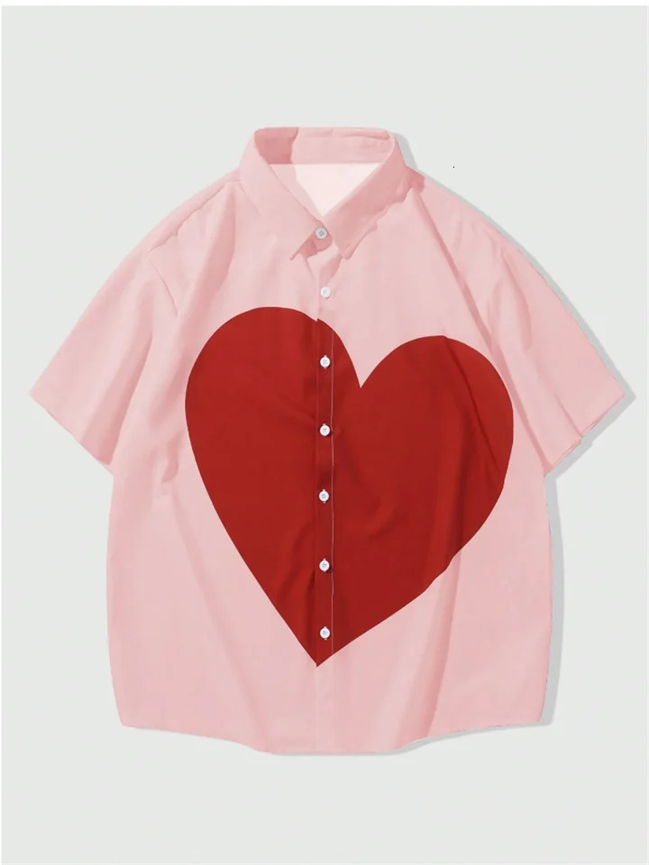 2024 Summer Shirt Men Hawaiian Short Sleeve Love Button Lapel Print Beach Travel Leisure Oversized XS5XL 250804