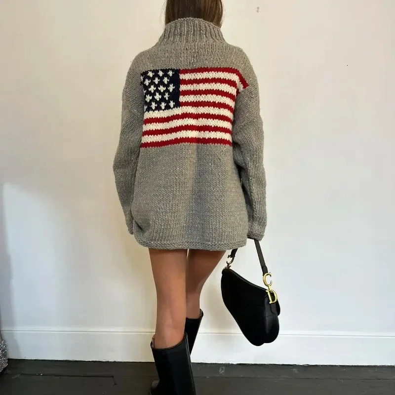 Retro Womens US Flag Long sleeved Pullover Sweater Knitted High Neck Large Y2K Sweater Retro Sweater Warm 250808