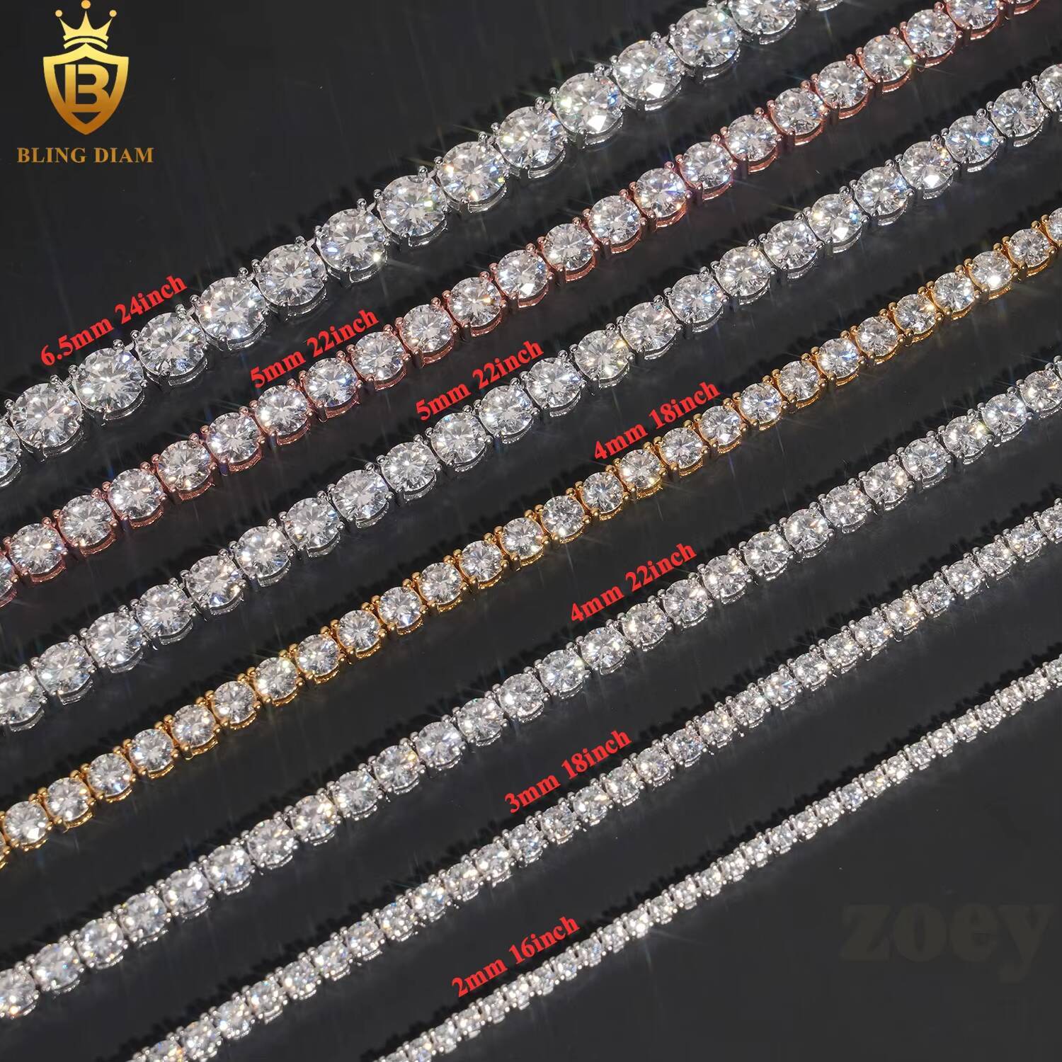 2mm-6.5mm Gold Plated Hip Hop Jewelry 925 Sterling Silver Vvs1 Moissanite Diamond Tennis Chains Bracelet Necklace