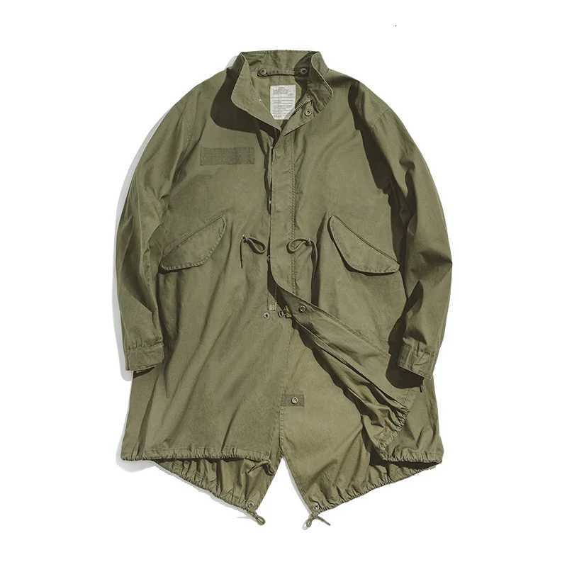 Mens Vintage M5 Fishtail Green and Camel Trench Coat Woven Waist Rope Mid-length Oversized Loose Coat for Men W250815