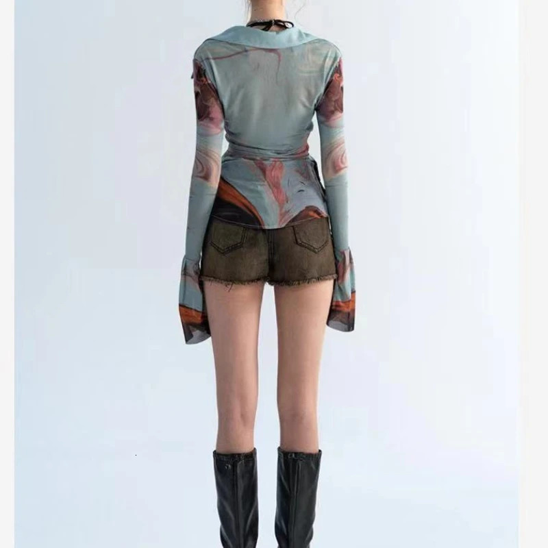 Japanese Summer Womens Lolita Patchwork Polo Shirts Button Printing Gauze Fashion Slim Elegant Long Sleeved Tops 250814