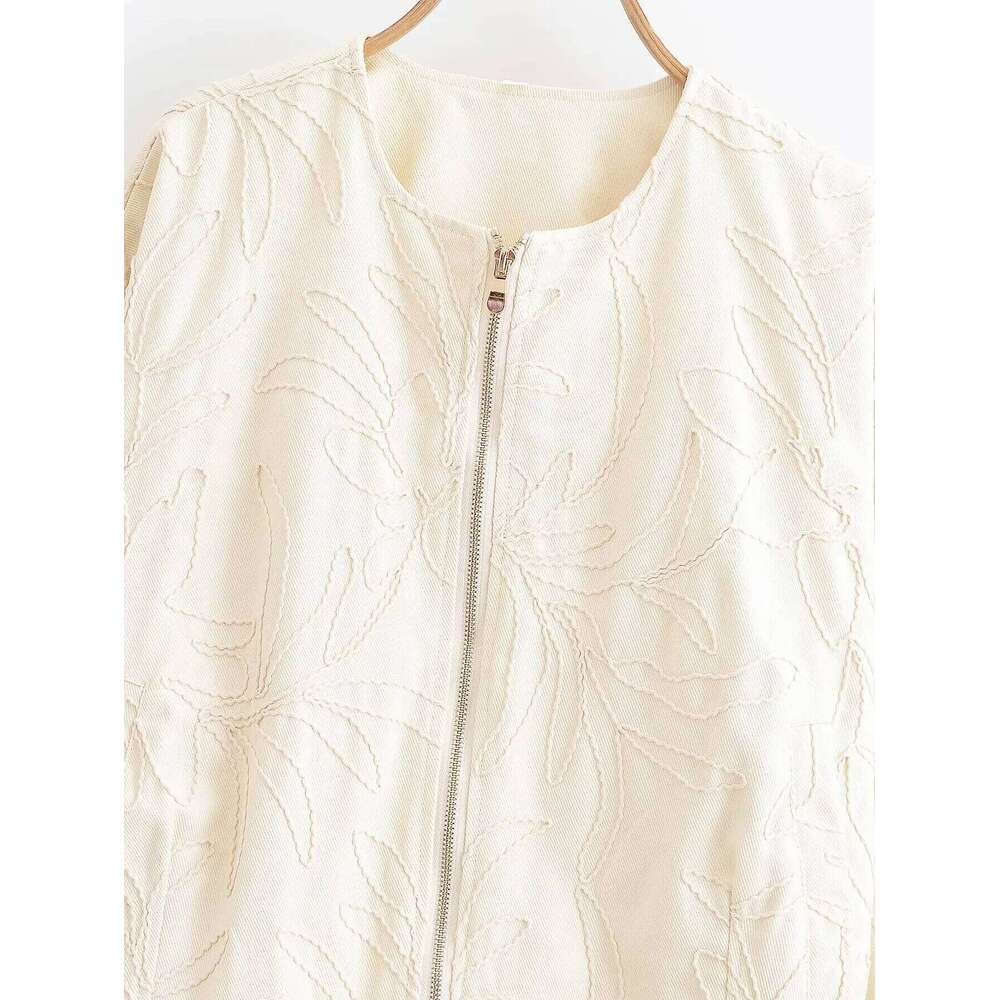 Designer Clothing 2025 Women's Cropped Jacket With Floral Embroidery And Puff Sleeves Zipper - Front Design For A Trendy Look