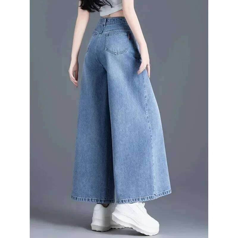 Korean Version Female Cowboy Skirt Trousers Women's Wide Legs Pants 2025 Spring Fashion High Waisted Ladies Jeans Design Sense
