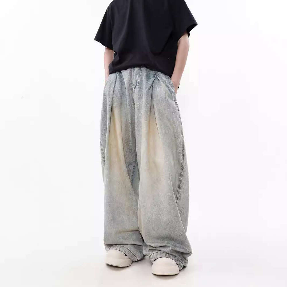 American Style Wrinkled Washed Jeans For Men, Niche High-End Loose Wide-Leg Floor-Length Pants B5