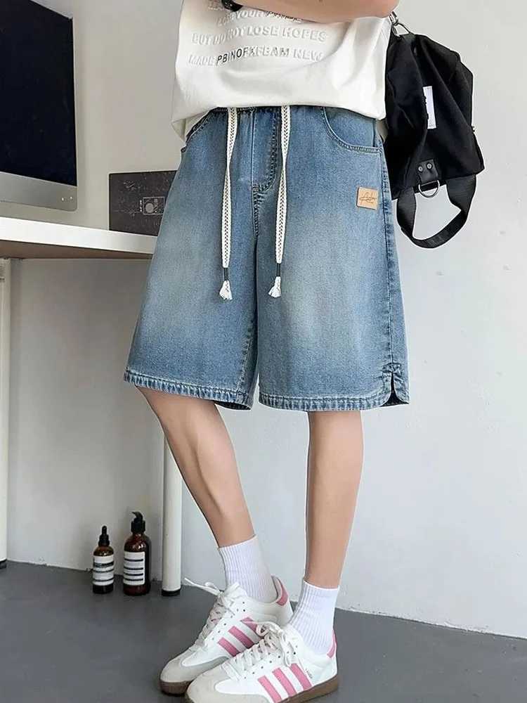 Summer New Casual Wide Denim Shorts Mens Baggy Fashion Elastic Waist Drawstring Straight Short Jeans StreetWear men clothing Y250814