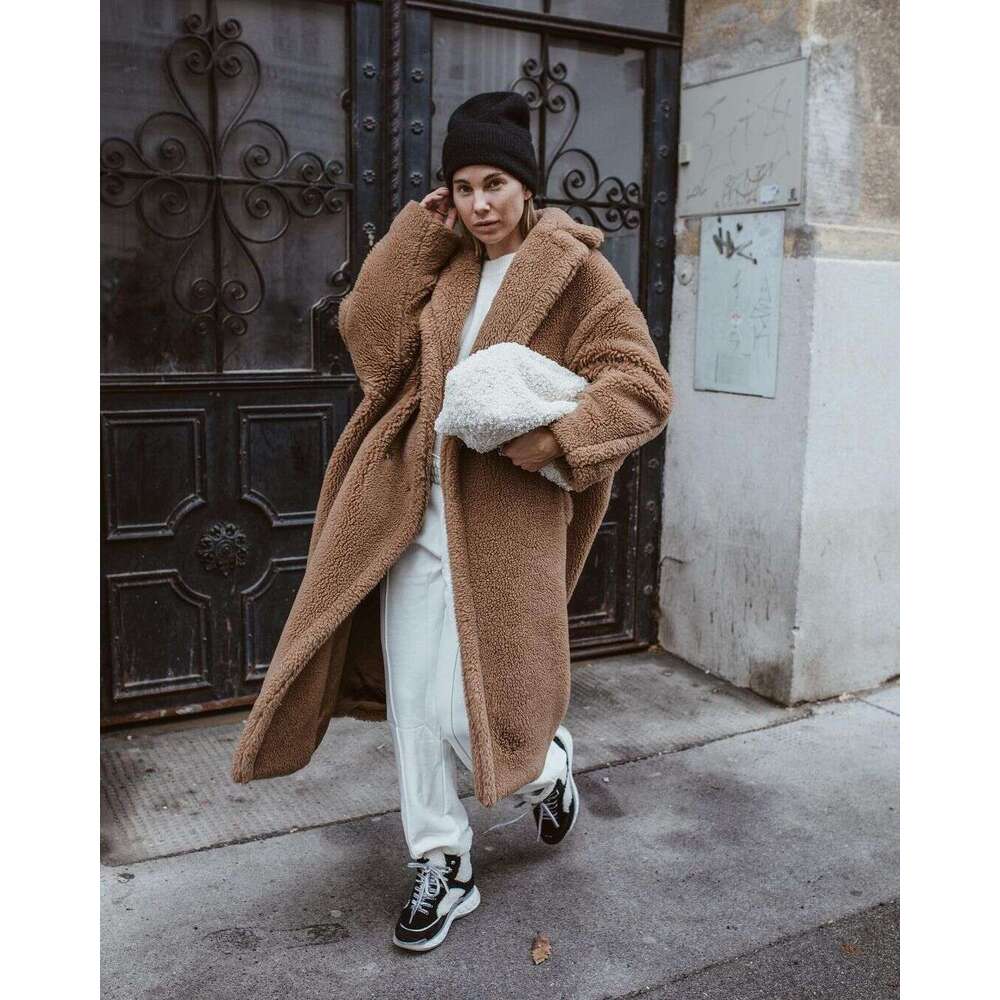 Winter Jacket Women Long Coat Wool Woven Fabric Thick Warm Outerwear Oversize Fashion Streetwear Teddy Bear Coats