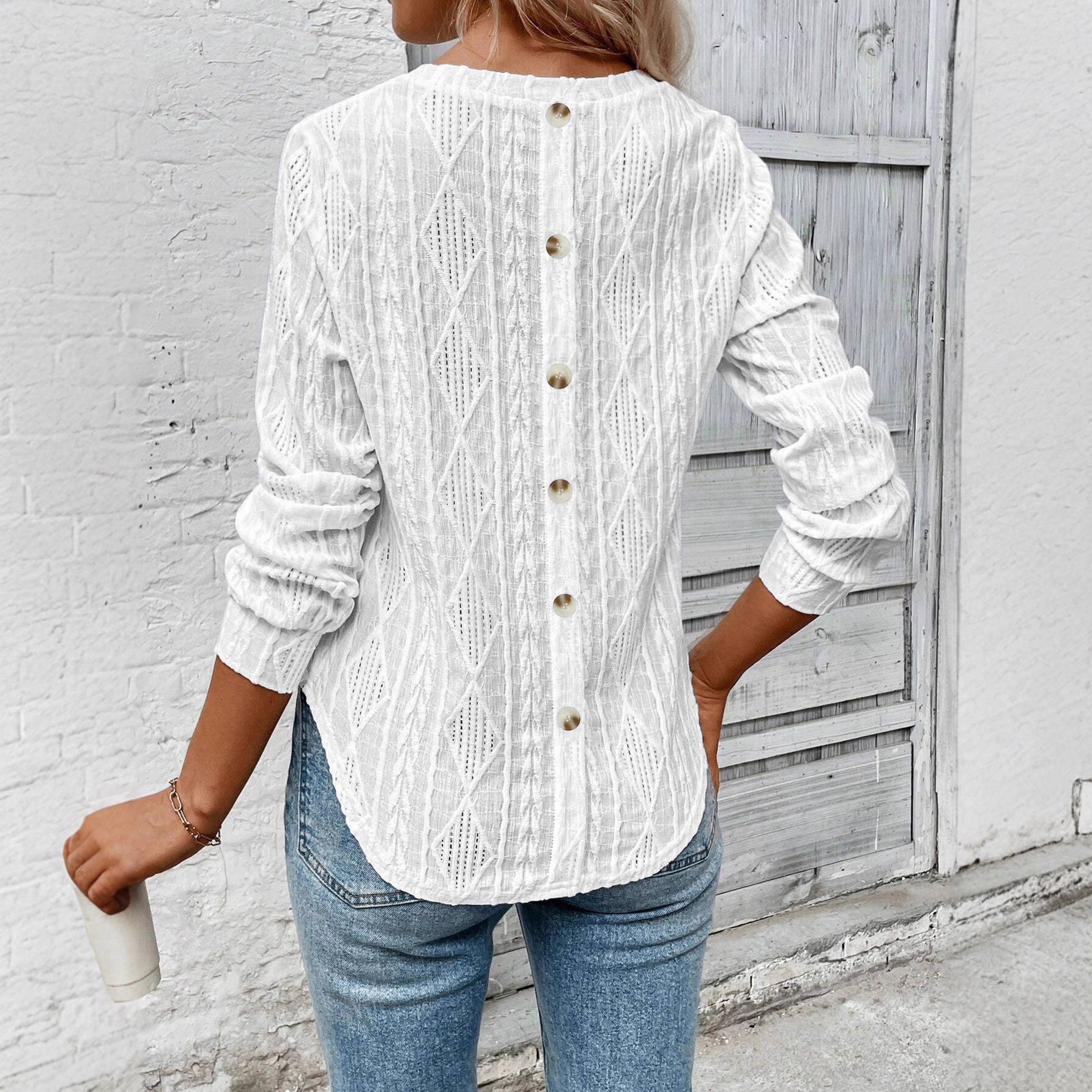 Women's Tops New Autumn Winter Back Single Button Long Sleeve Round Neck Casual T-shirt for Women