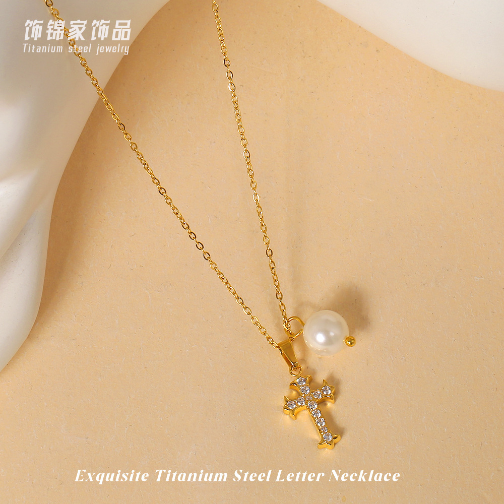 Titanium Steel Cross Zircon for Women Summer Non-Fading Light Niche Shell Pearl Necklace Jewelry Jewelry for Women