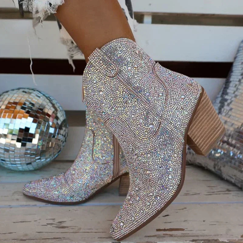 Western Cowboy Boots Fashion Women Ankle Boots Glitter Bling Shiny Trend High Heels High Quality Shoes Botas De Mujer 250809