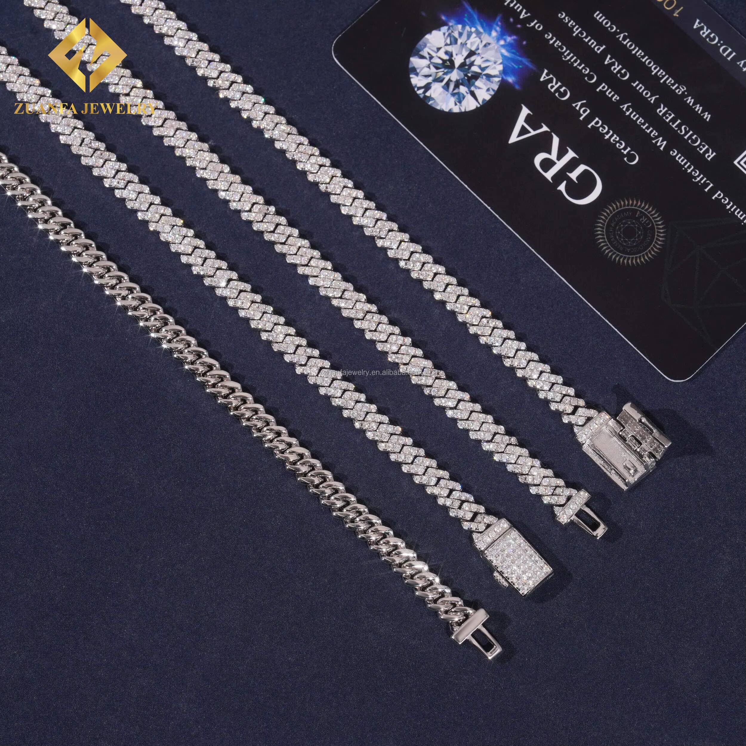 Hot Sale 5mm Width One Row Iced Out Jewelry GRA Certificates Pass Diamond Tester Moissanite Cuban Link Chain Bracelet Set