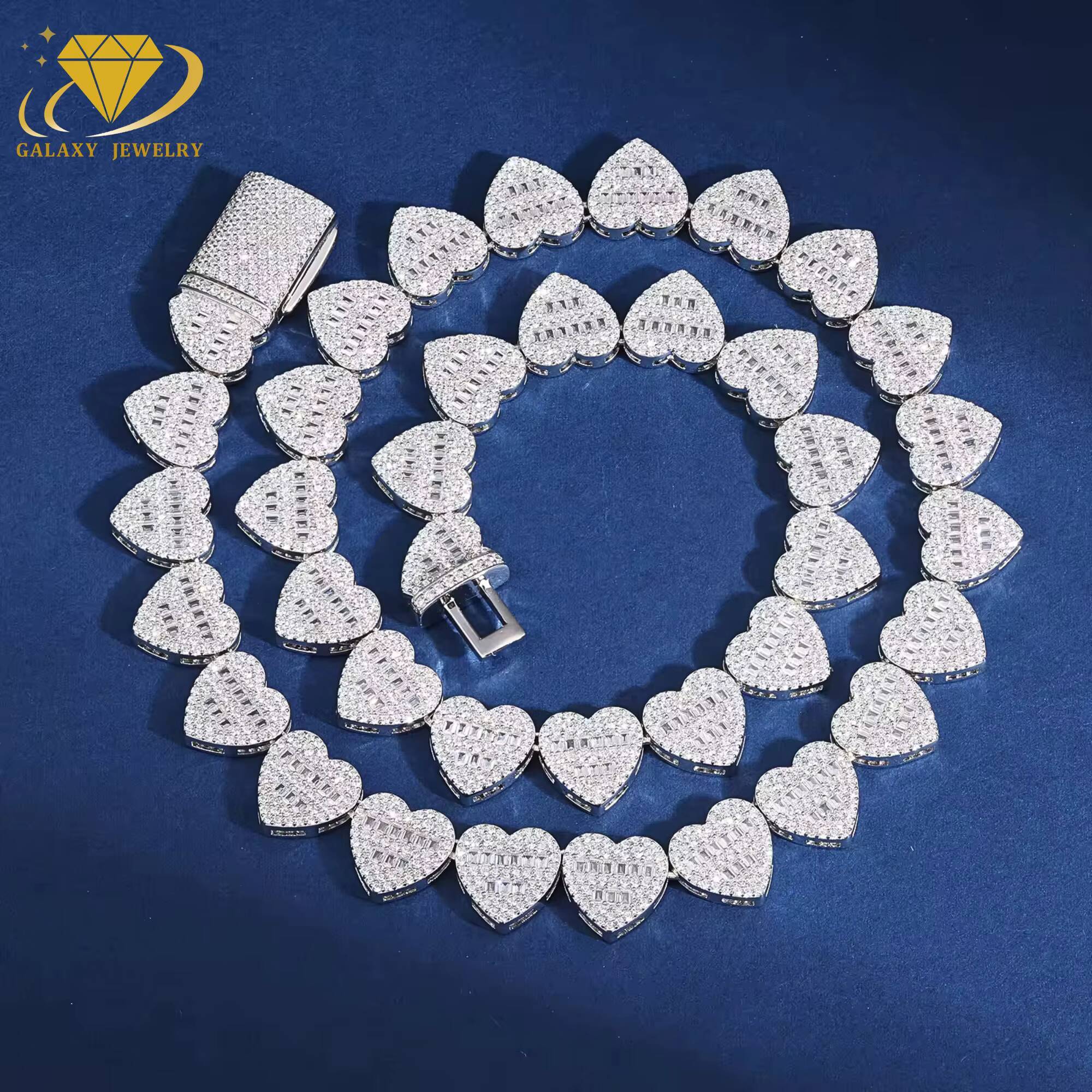 Pass Diamond Tester Fully Iced Out Heart Links Necklace White Gold Plated Baguette Moissanite Diamond 925 Silver Tennis Chains