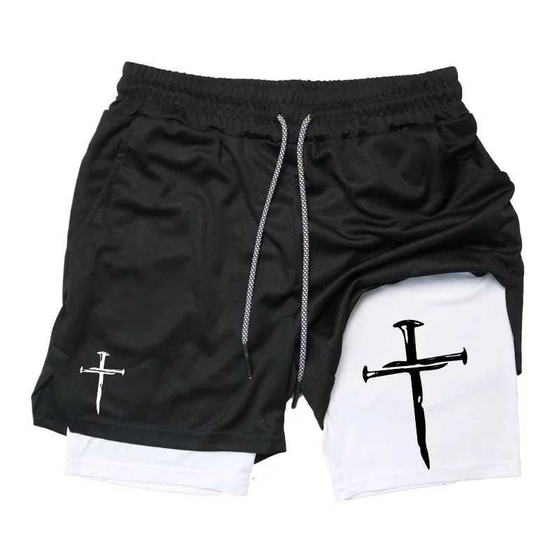 Cross Graphic 2 in 1 Workout Running Shorts for Men Christian Gym Performance Shorts with Phone Pocket Towel Loop Active Wear Y250814