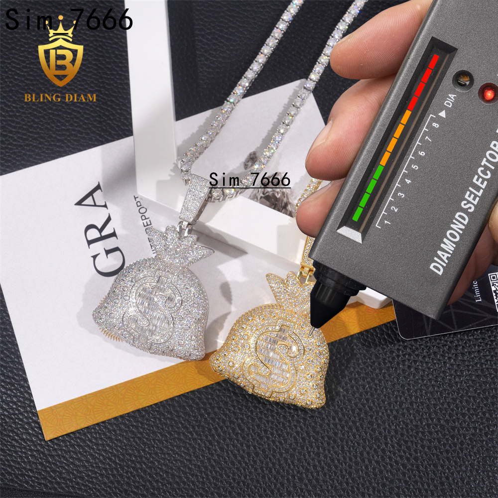 Wholesale Price Hip Hop Style Iced Out VVS1 Moissanite Pendant Money Bag Pendant Diamond Tester Hip Hop S925