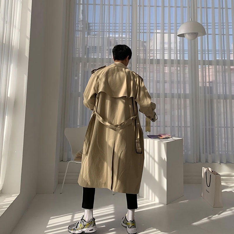 Korean Style Spring Trench Coat Man Streetwear Windbreaker Men Solid Business Casual Loose Sashe Fashion Long Overcoat 250729