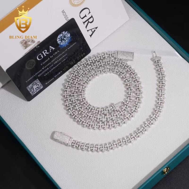Fashion 8.5mm Cuban Moissanite Chain Pass Diamond Tester VVS Moissanite Cross Necklace 925 Sterling Silver Past Diamond Test GRA