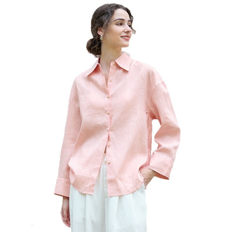Old Style Pink Linen Loose Summer Relaxed Simple Commuting Cool Sun Protection Long Sleeve Shirt