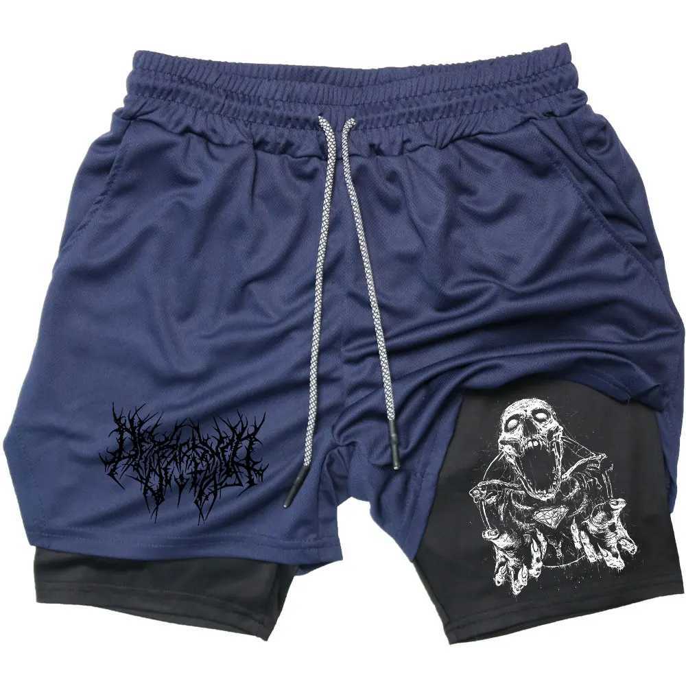 Y2K Performance Shorts Men Quick-drying Fitness Skull Print Double Layer Shorts Workout Training Running Bodybuilding Sportwear Y250814