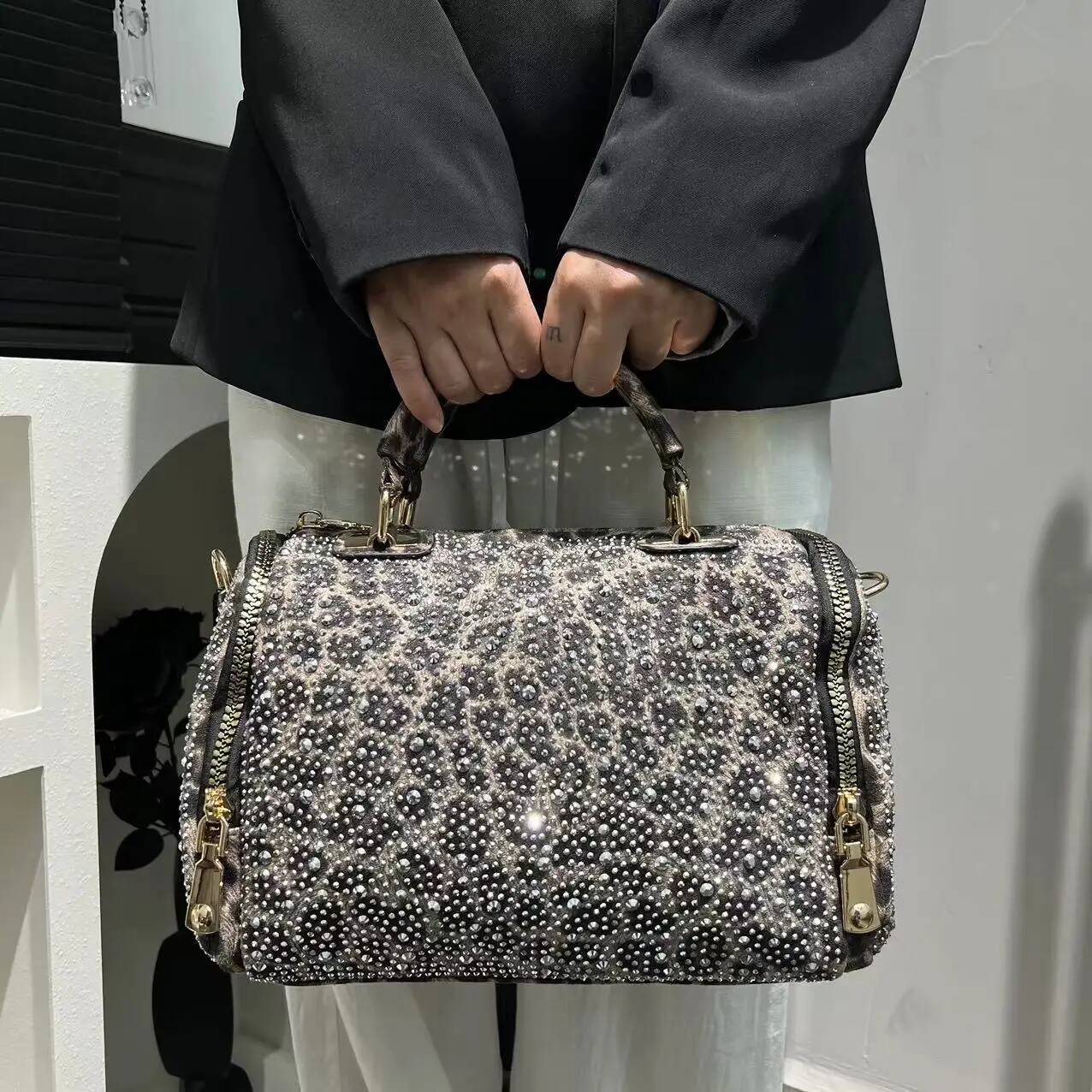 Ladies' Fashionable Gorgeous Studded Tote Bag With Leopard Pattern And Full Dia Cylindrical Handbag