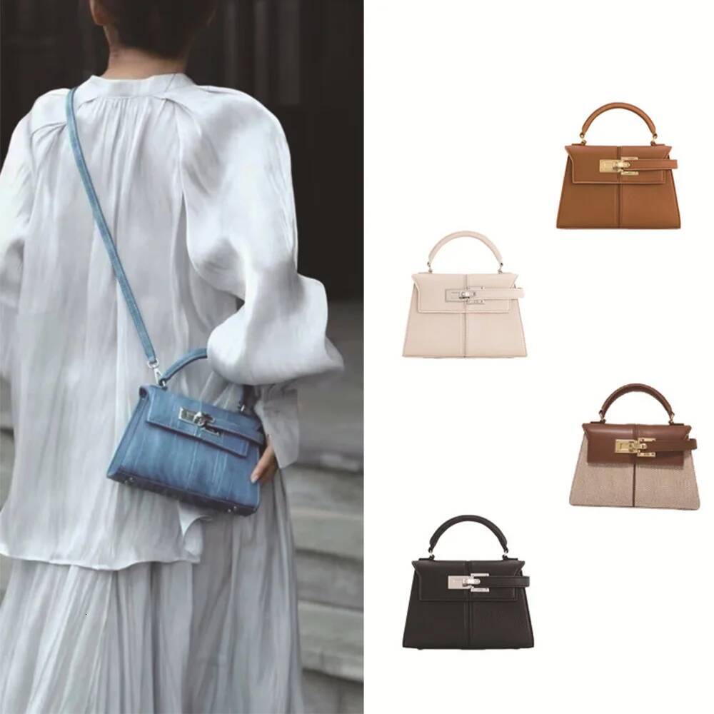 2025 Trapezoidal Leather Women's Versatile Fashion Niche Handbag Denim Blue Tote Bag Small Crossbody Bags