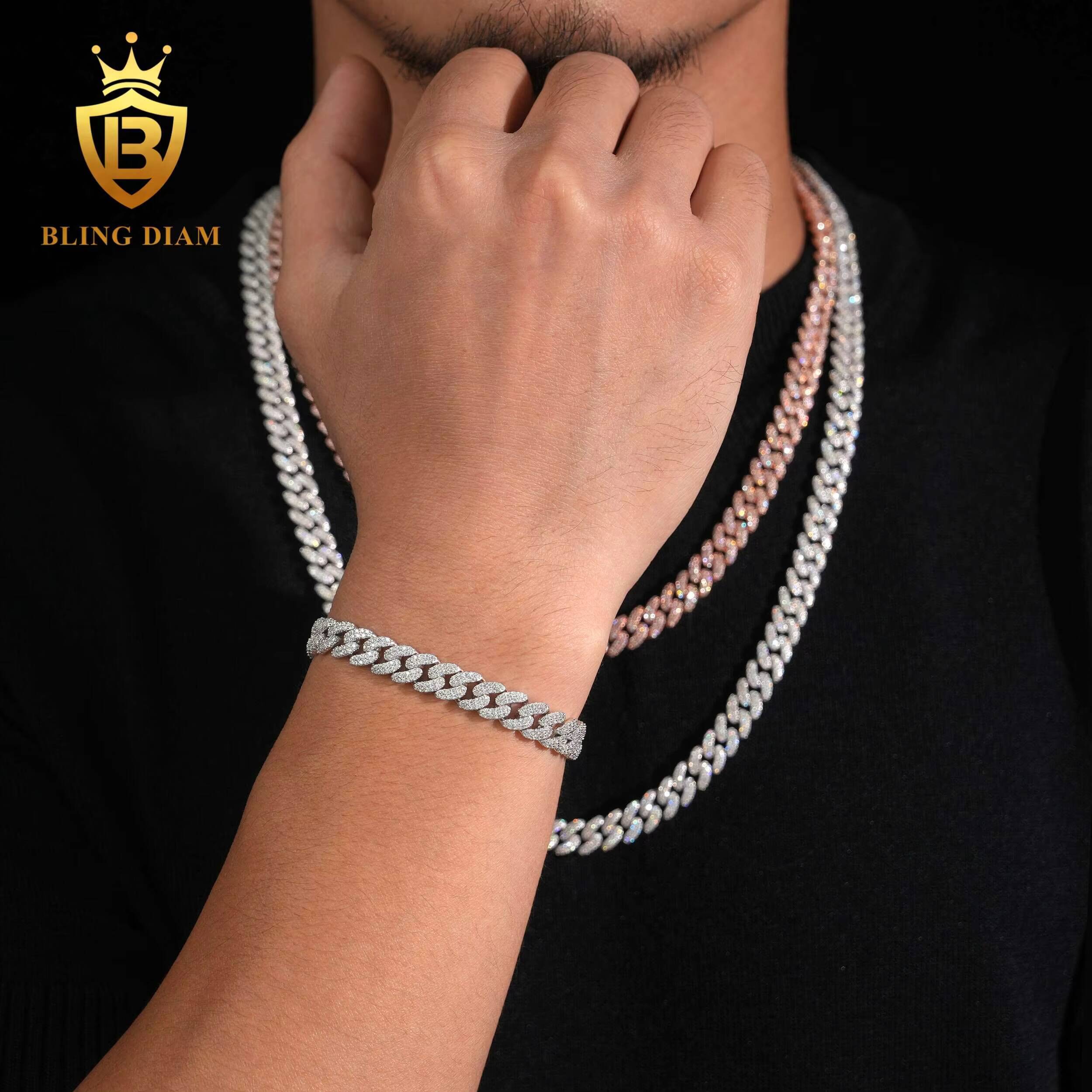Classic Cuban Link Chain 8mm Bracelet Necklace Pass Diamond Tester VVS Ice Out Moissanite Silver Fine Jewelry for Men Woman
