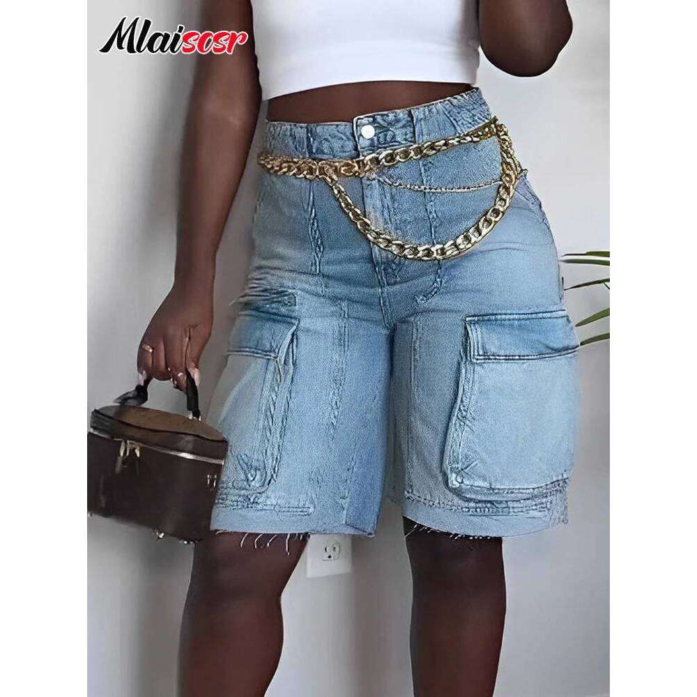 Mlaiscsr Summer Blue Denim Knee Length Shorts Women Pocket Side Straight Cargo Jeans Streetwear Bermuda Short Pants Dungarees
