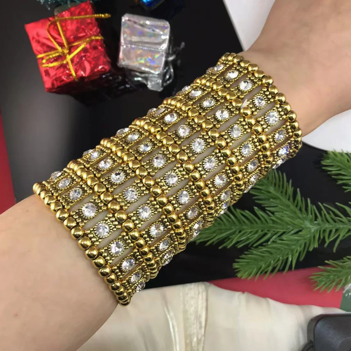 Classic Fashion Antique Alloy Bracelet Elastic Bracelet Set With Crystal Wide Bracelet 250811