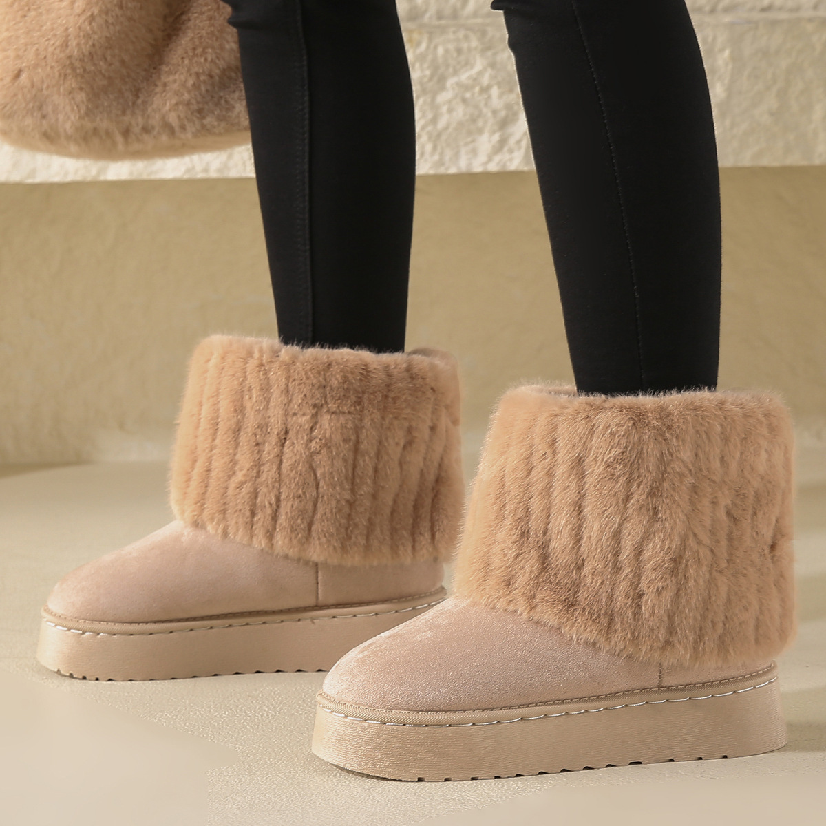 Free Shipping striped fluff decorated women's snow boots suede autumn winter casual thick-soled mid-calf warm and comfortable cotton shoes bestse