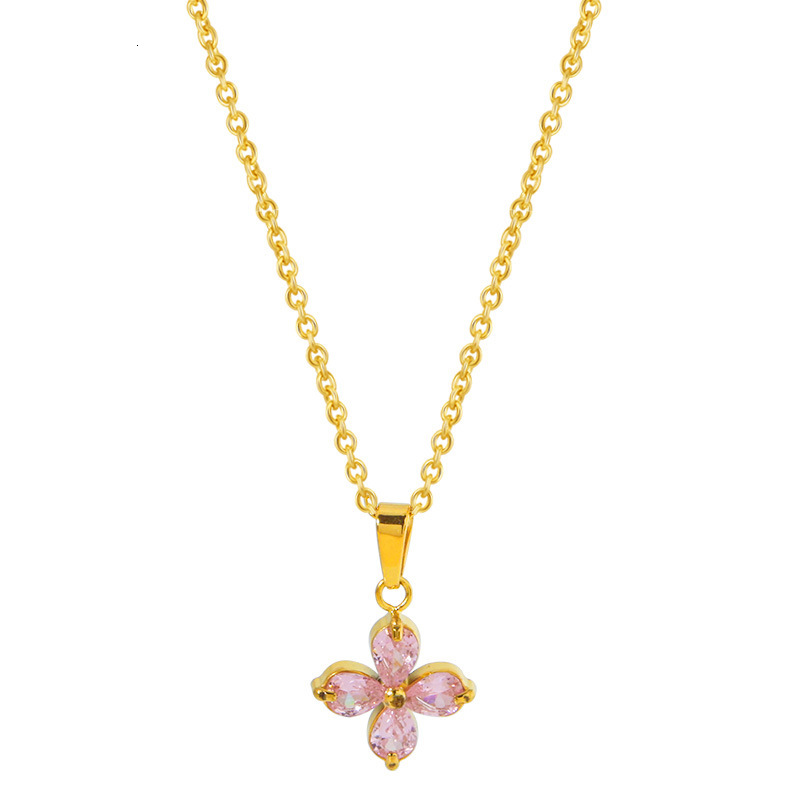Titanium Steel Simple Four-Leaf Clover Flower Petal Zircon Colorful Non-Fading Women Spring Summer Versatile High-End Necklace Jewelry for Women