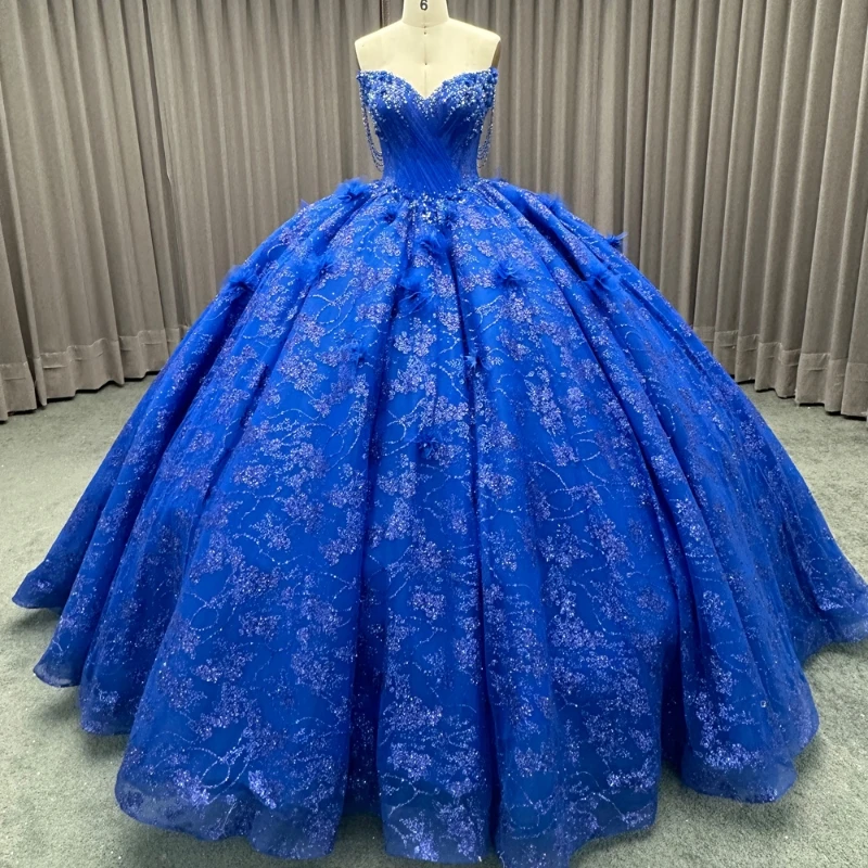 Royal Blue Shiny Princess Sweet 16 Dress Quinceanera Dresses Sequin Applique Flower Beading Tull Party Birthday Vestido De 15Anos