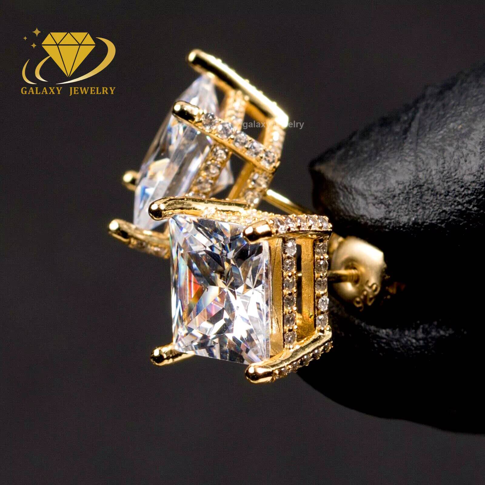 Full Iced Out Mens Large Square Studs Princess Cut Vvs Moissanite Diamond Gold Plated 925 Sterling Silver Hip Hop Earrings