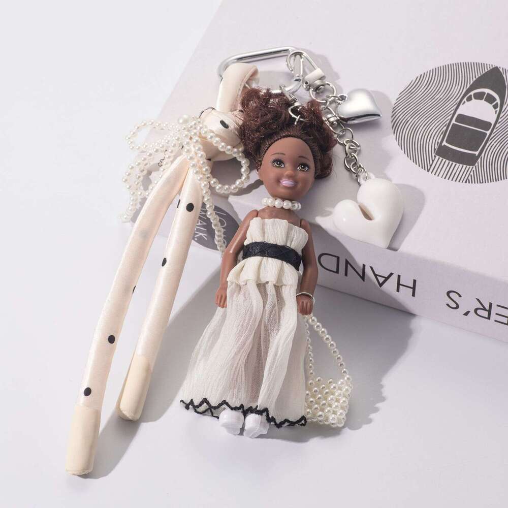 Cute Black Leather Doll with Curly Hair Doll, Stylish Long Dress Bag Chain, Fashionable Woven Rope Pendant, Versatile