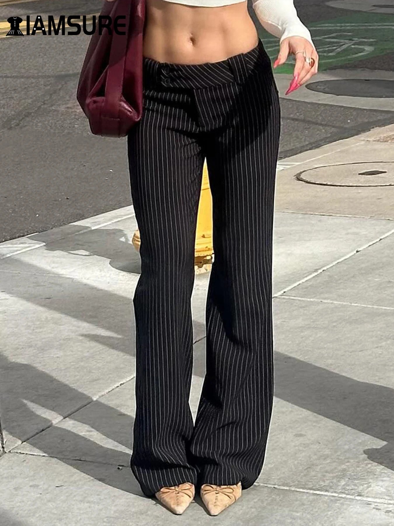IAMSURE Casual Slim Striped Flare Pants Y2K Sexy Basic LowWaisted Pant 2025 Spring Autumn Streetwear Elegant Fashion 250808