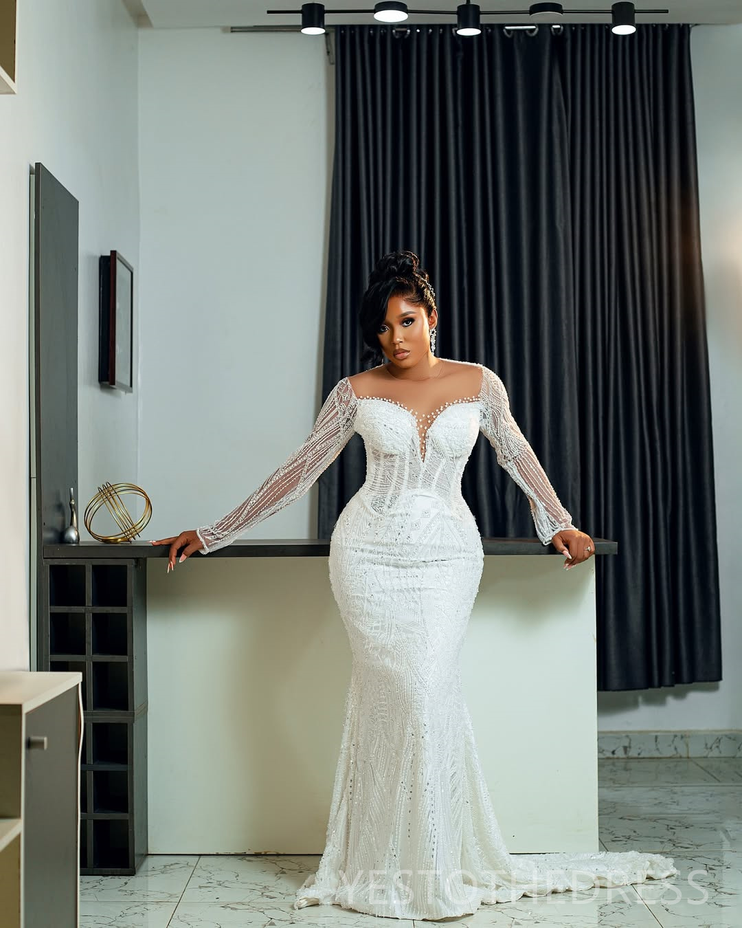 2025 Aso Ebi African Wedding Dress Bridal Gowns For Bride Mermaid Sheer Neck Detachable Train Lace Pearls Tiered Pleat Wedding Gowns For Black Women D