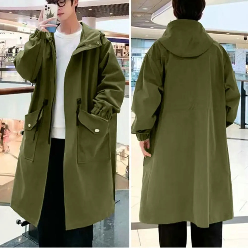 Long Trench Coat Jacket Men Autumn Spring Black Hip Hop Japanese Coats Streetwear Male Hooded Green Khaki Casual Jackets 250814