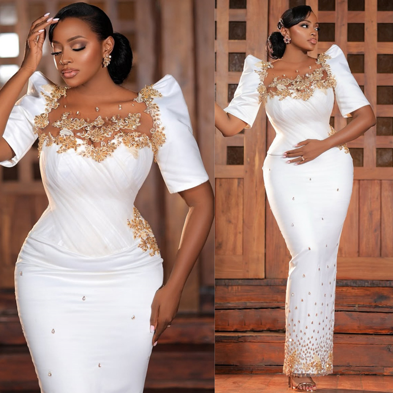 2025 Off White African Wedding Dress Bridal Gowns For Bride Sheer Neck Short Sleeves Floor Length Beaded Rhinestones Crystals Wedding Gowns For Black 