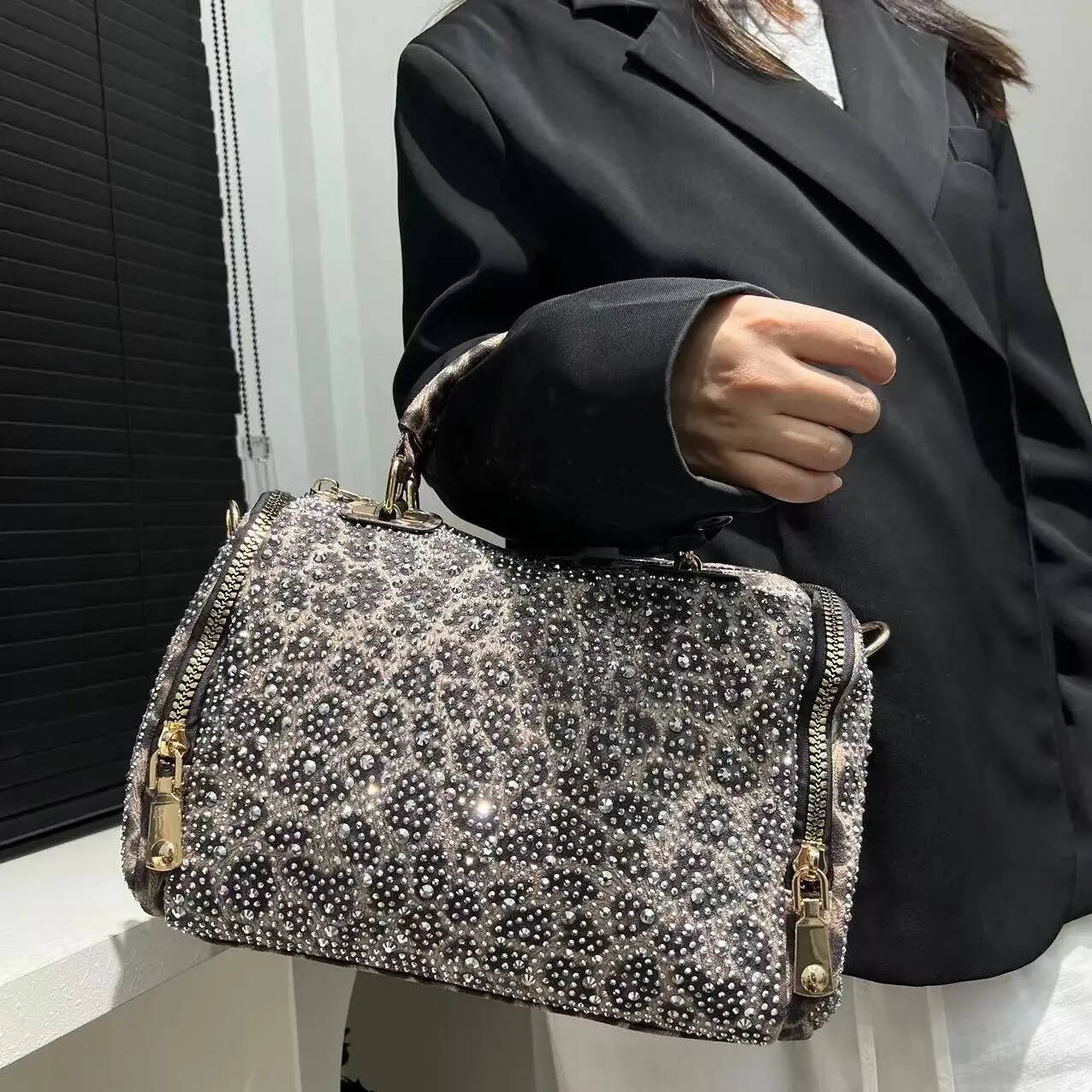 Ladies' Fashionable Gorgeous Studded Tote Bag With Leopard Pattern And Full Dia Cylindrical Handbag