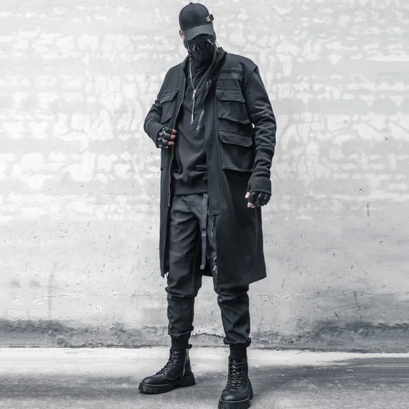techwear style multi-pocket patchwork design mid-length trench coat mens clothing y2k high street tactical function jackets W250815