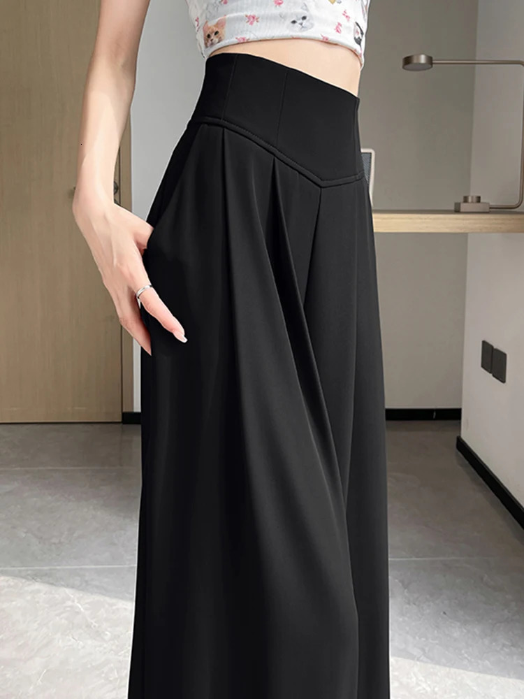 Summer High Waist Solid Color Loose Women Suit Pants Basic Full Length Straight Fashion Apricot Black Female Wide Leg 250808