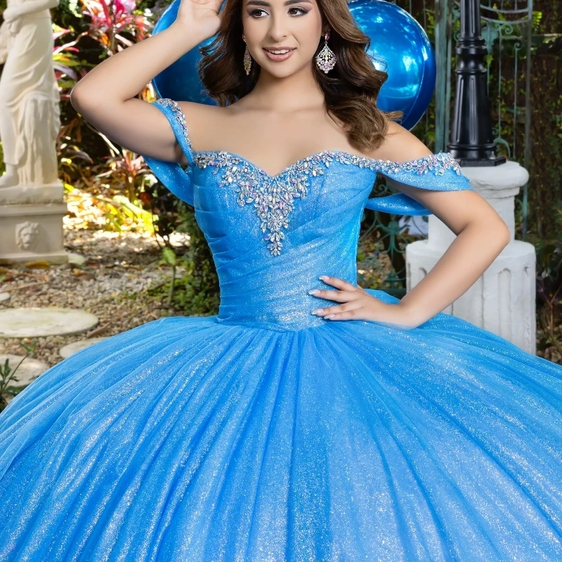 Blue Shiny Ball Gown Quinceanera Dresses Off the Shoulder Beading Crystal Tull Party Birthday Vestidos 15 De Anos Sweet 16 Dress