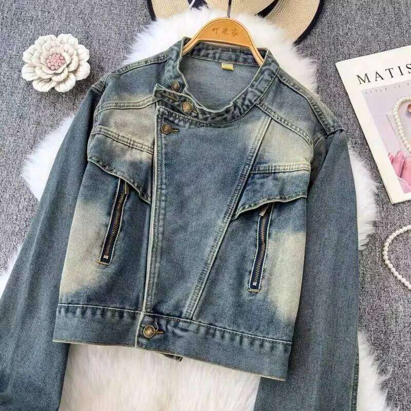 Women Denim Jacket 2025 New American Style Vintage Stand Collar Long Sleeve Button Zipper Splicing Light Blue Coat Female Trendy
