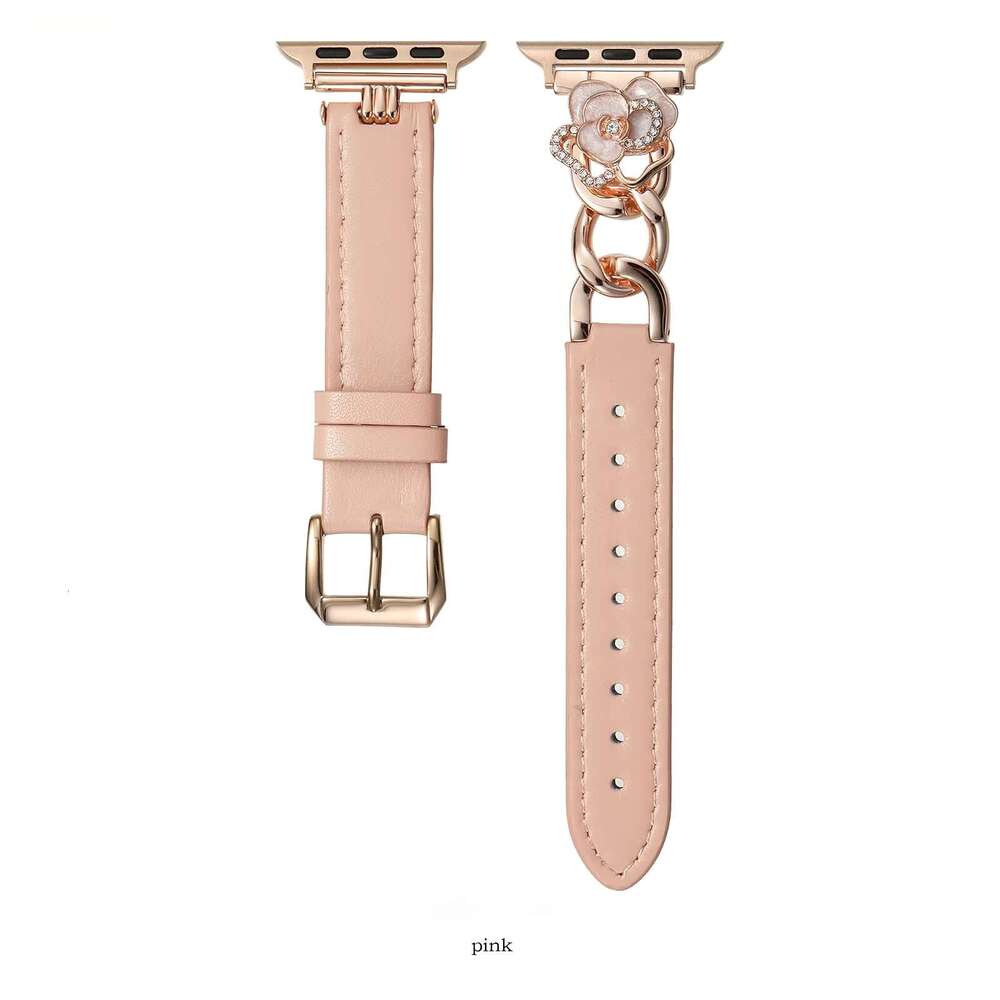 DHgargets Camellia Leather Band for Apple Watch - Genuine Cowhide Strap with Metal Flower Charm (6 Colors, All Sizes)