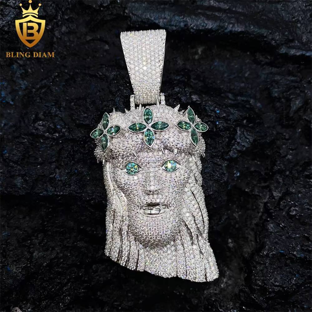 Gra Certificate Luxury Jewelry Jesus Head Blue Green Vvs Moissanite Iced Out Diamond Pendant 925 Sterling Silver